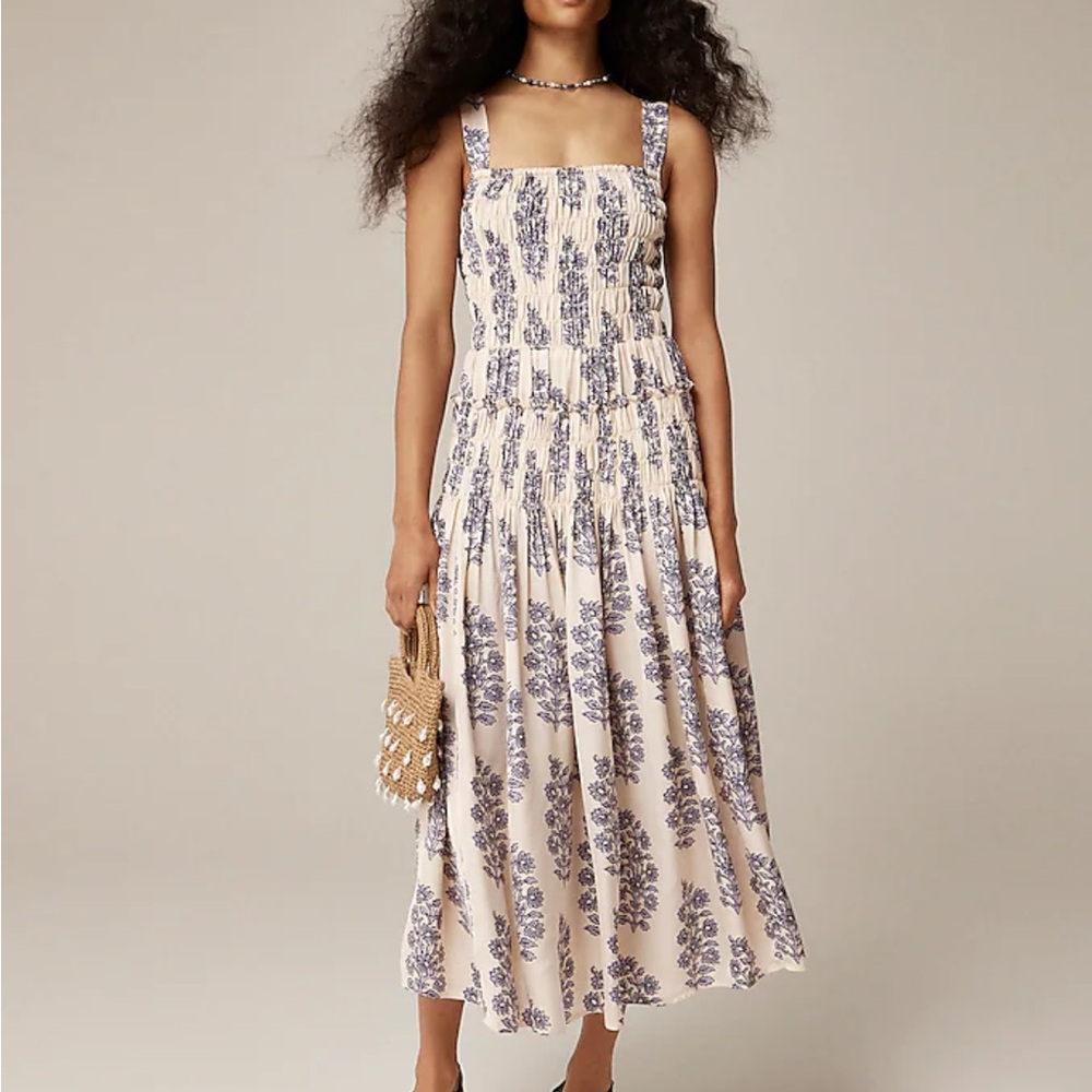 J. Crew Smocked Bodice Midi Dress in Blooming Lilac Block Print Small